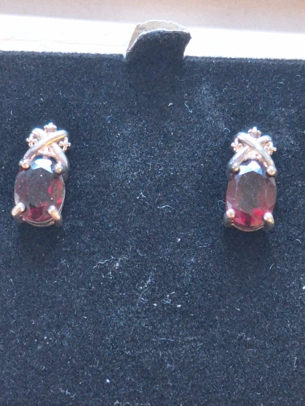 Silver Toned Garnet Oval Stud Earrings - Women's Jewelry